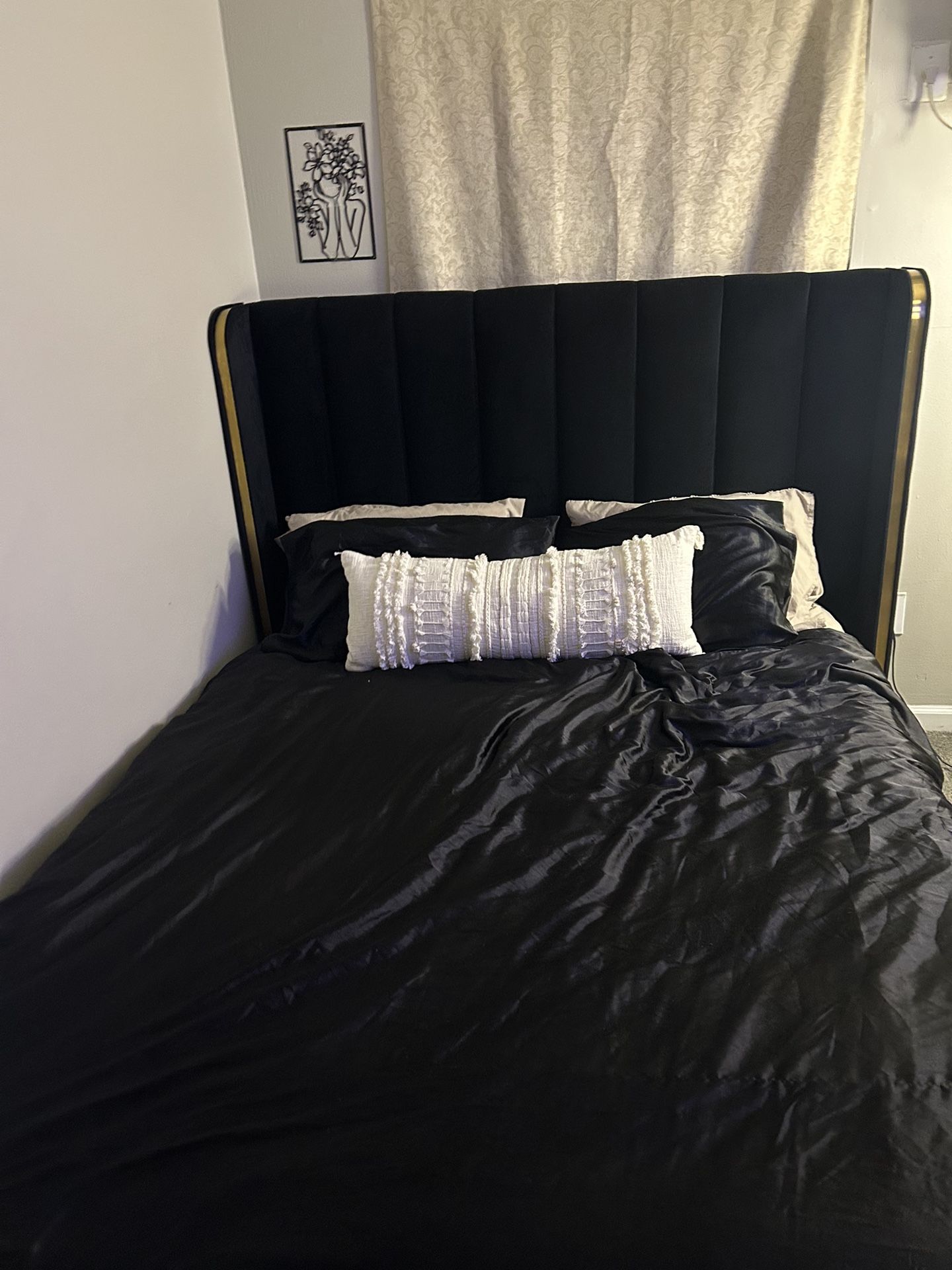Black & Gold Suede Queen Bed Frame