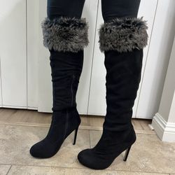 Black Fur Heeled Boots Like Brand New 