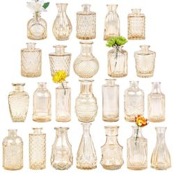 Glass Bud Vase Set of 24, Small Amber Flower Vases for Centerpieces in Bulk, Mini Vintage Vase for Wedding Decor, and Home Table Décor