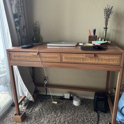 Wood Desk With Rattan Drawers