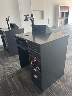 Commercial Office Workstation / Kiosk – Locking Storage + Monitor Arms – $300ea