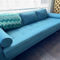 Comfy + Large Mid Century Modern MCM vintage (style) sofa couch (new) tufted turquoise tweed
