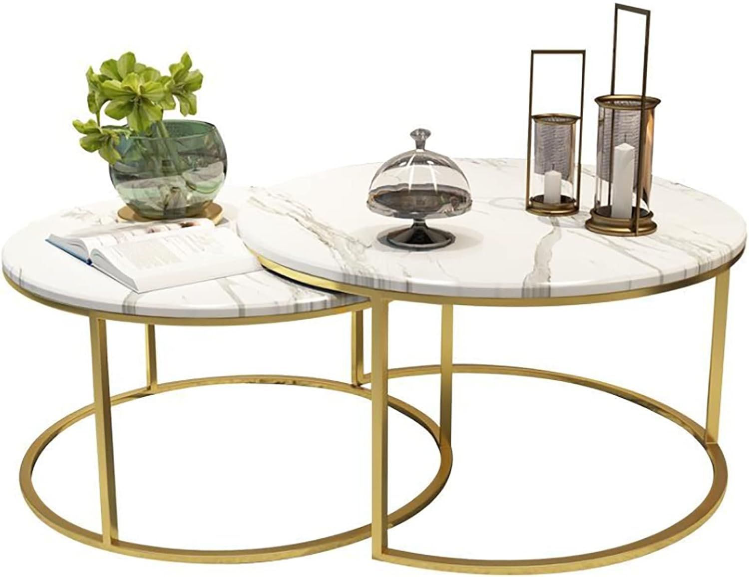 Coffee Table Marble Nesting End Tables, White, Set of 2, Coffee Tables for Small Space/Apartment/Home Living Room,70cm+50cm Side Table Home Decor