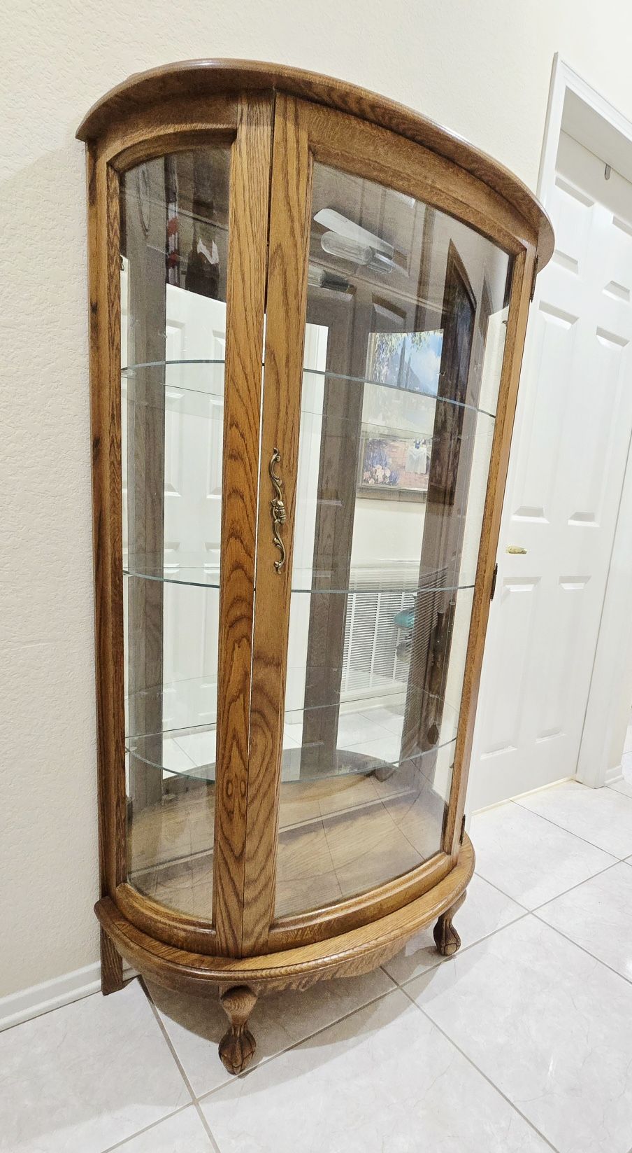 Antique Curio Cabinet Lighted Mirror Back& Glass Shelves
