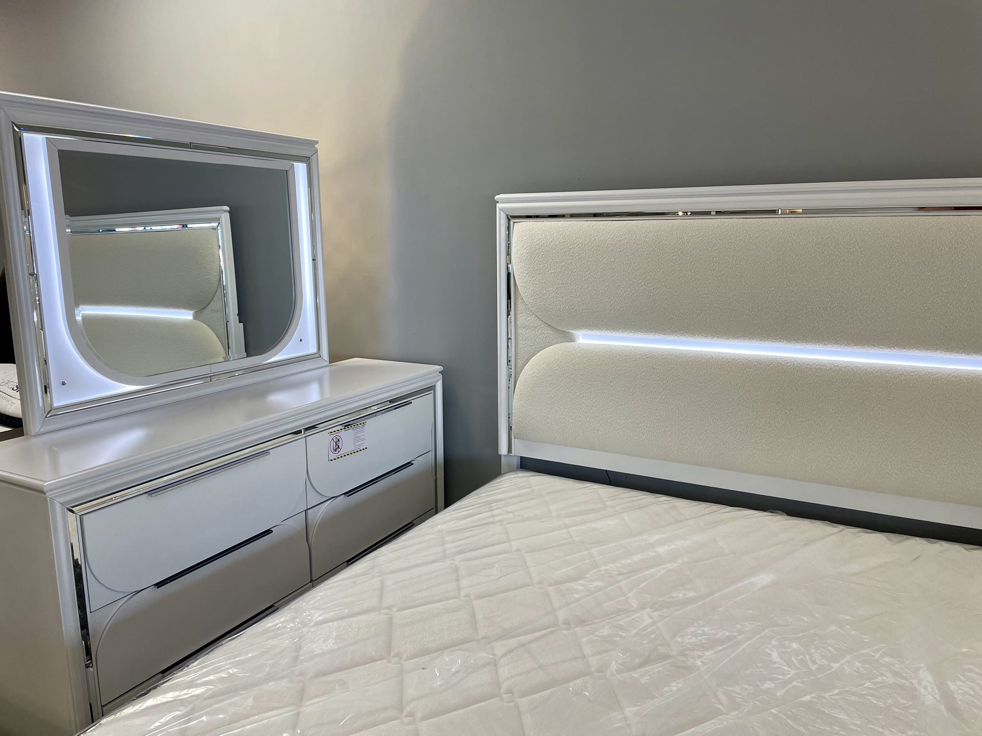 Eden White Panel Bedroom Set, Nightstand, Bed Frame, Mattress, Dresser, Mirror Options