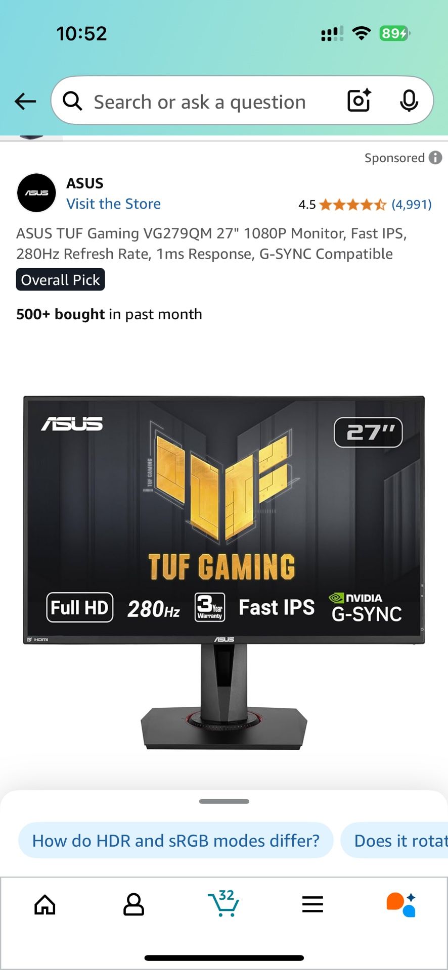 ASUS TUF Gaming VG279QM 27" 1080P Monitor, Fast IPS, 280Hz Refresh Rate, 1ms Response, G-SYNC Compatible
