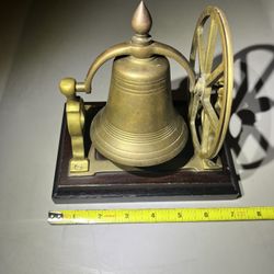 Vintage Brass Desktop Ship Bell with Pulley Wheel On Wooden Base