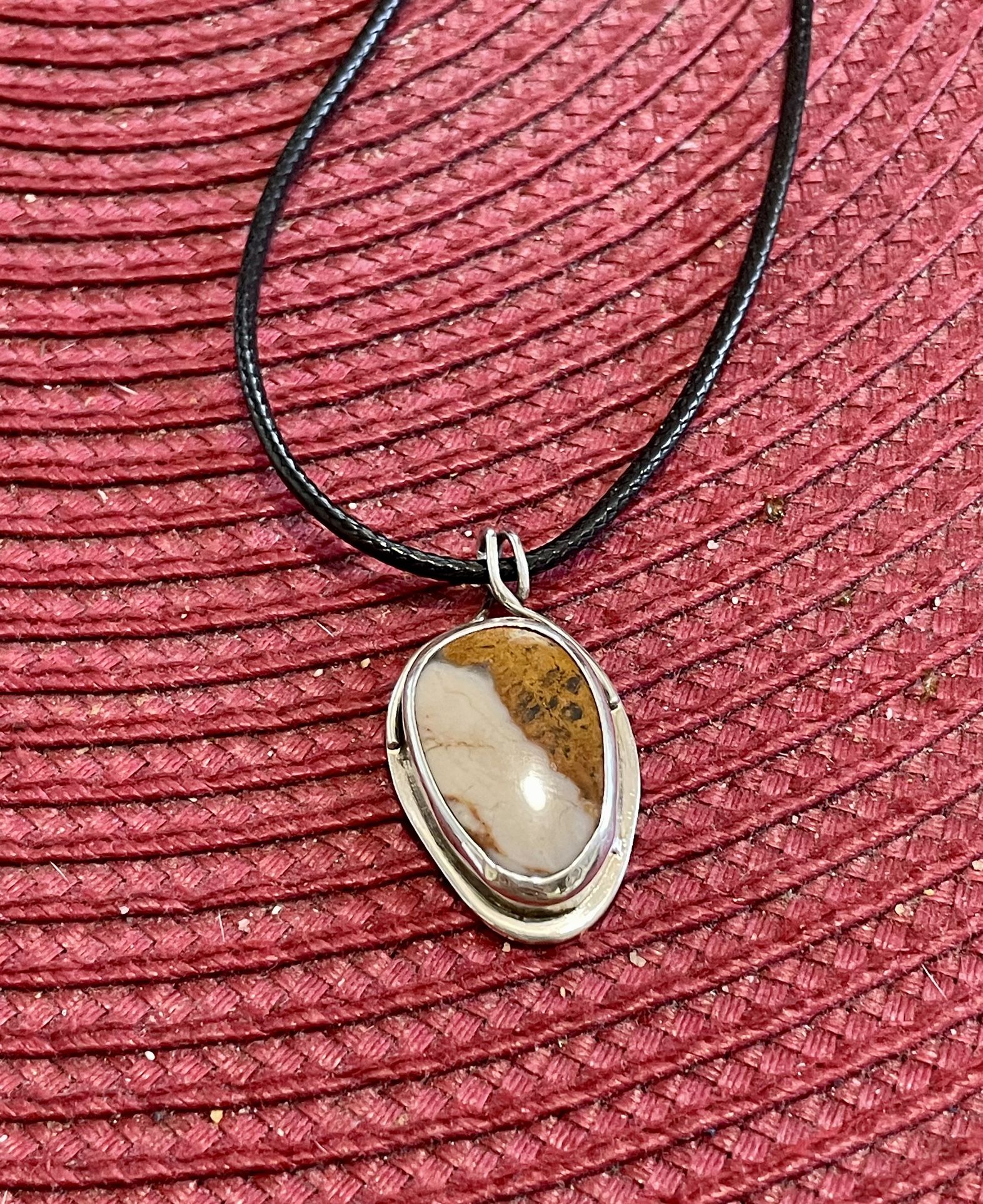 Beautiful Handcrafted & Hand Cut Jasper Pendant Set In 995 Silver. Leather Necklace Included. 