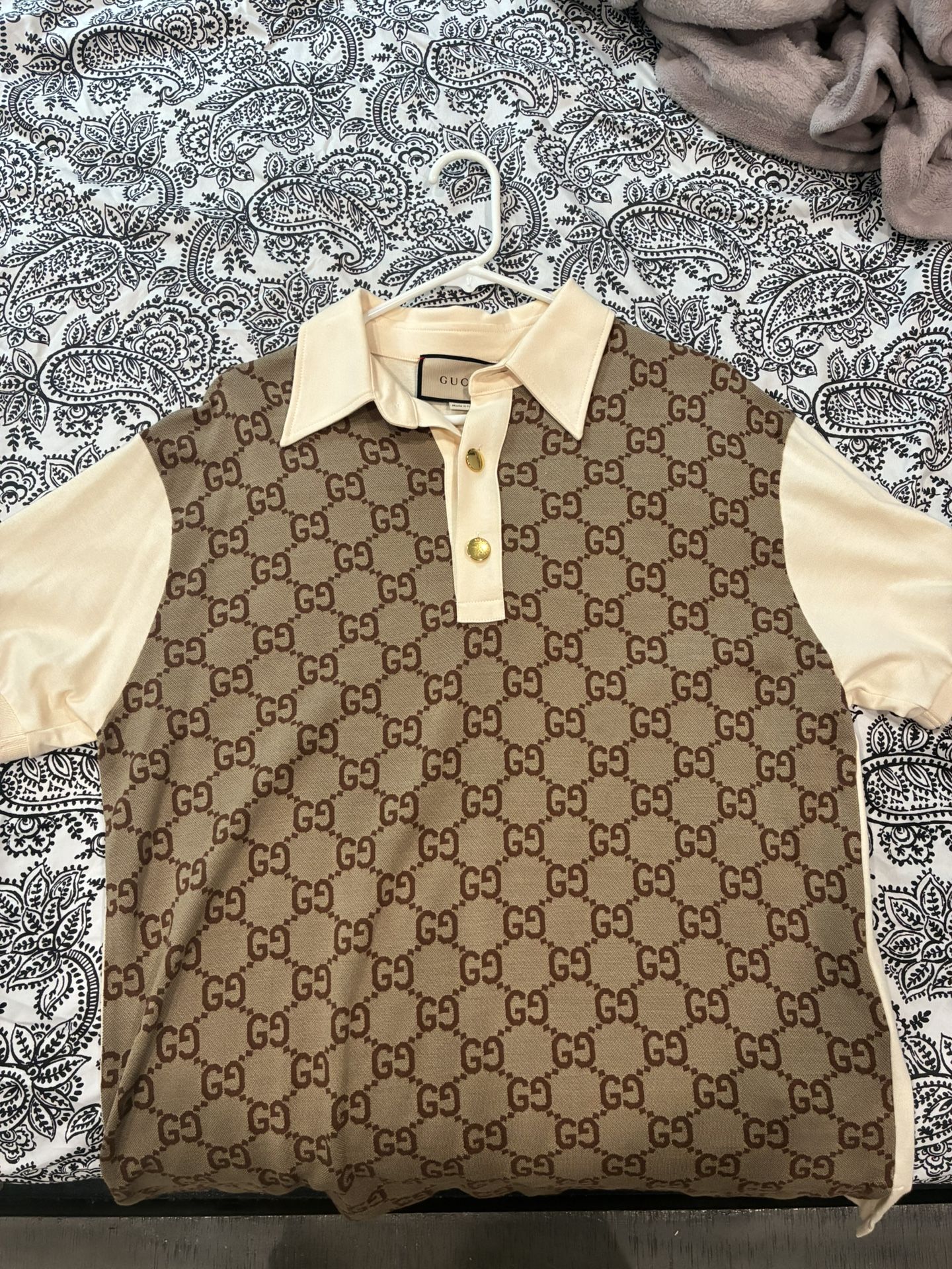Gucci GG Monogram Maxi Jacquard Cotton Polo Shirt Beige x White Size L