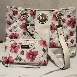 Liz Claiborne White/Pink Floral Quilted Tote With Matching Wristlet Wallet