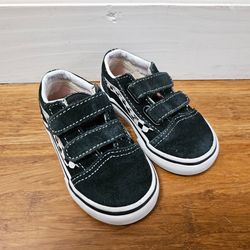 Vans Old Skool V Toddler Size 5T Black Suede Checkerboard Stripe Velcro Shoes