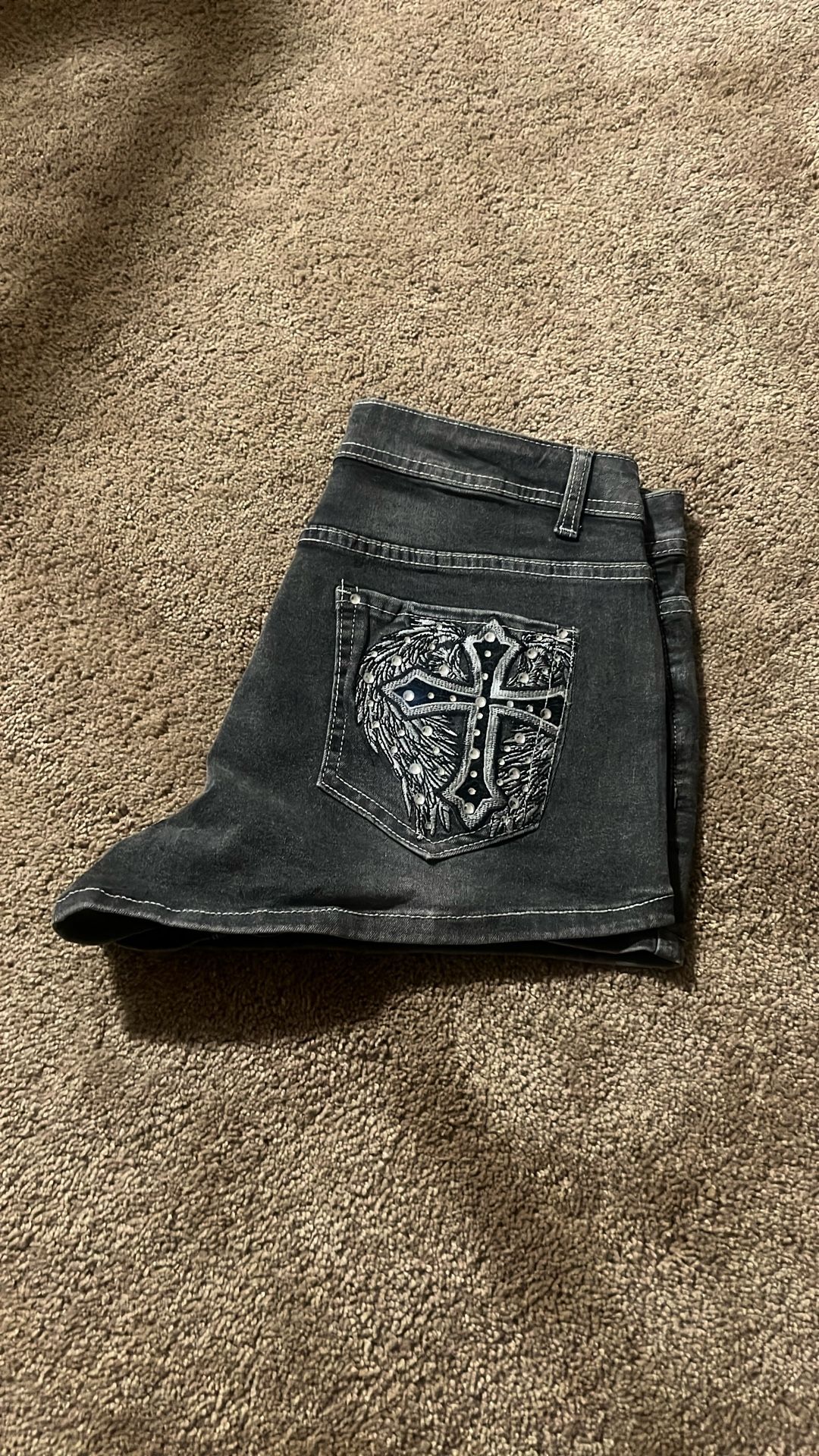 ROMWE Grunge Women's Cross Embroidery Rhinestone Denim Shorts
