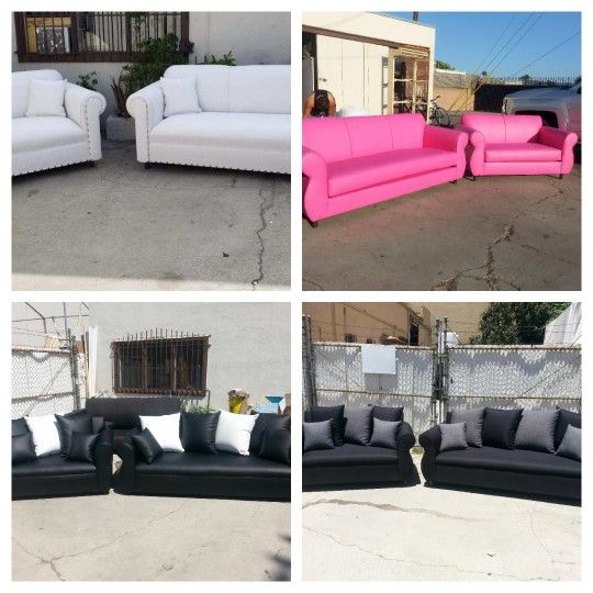 Brand NEW  Sofa And Loveseat Set, PINK, WHITE, BLACK LEATHER AND BLACK GREY FABRIC COMBO.  Sofas Set 2pcs 