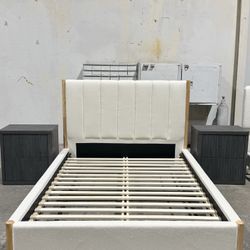 Queen Vertical Rolls Upholstered Headboard with Rubberwood Legs Platform Bed(White)💰199$  🔥🔥🔥Second Location : 🌸1627 Columbia College Dr Columbia