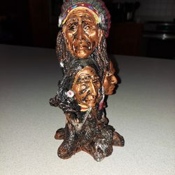 NATIVE AMERICAN INDIANS 3 FACES 8" TALL SCULPTURE/STATUE