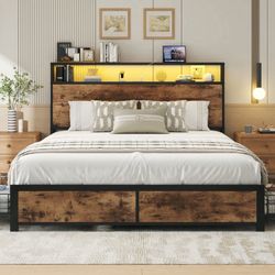 New Queen Bed Base with Charging Station and LED Lights, Metal Bed Frame with 4 Storage Drawers and Headboard, No Box Spring Needed, Easy Assembly, No