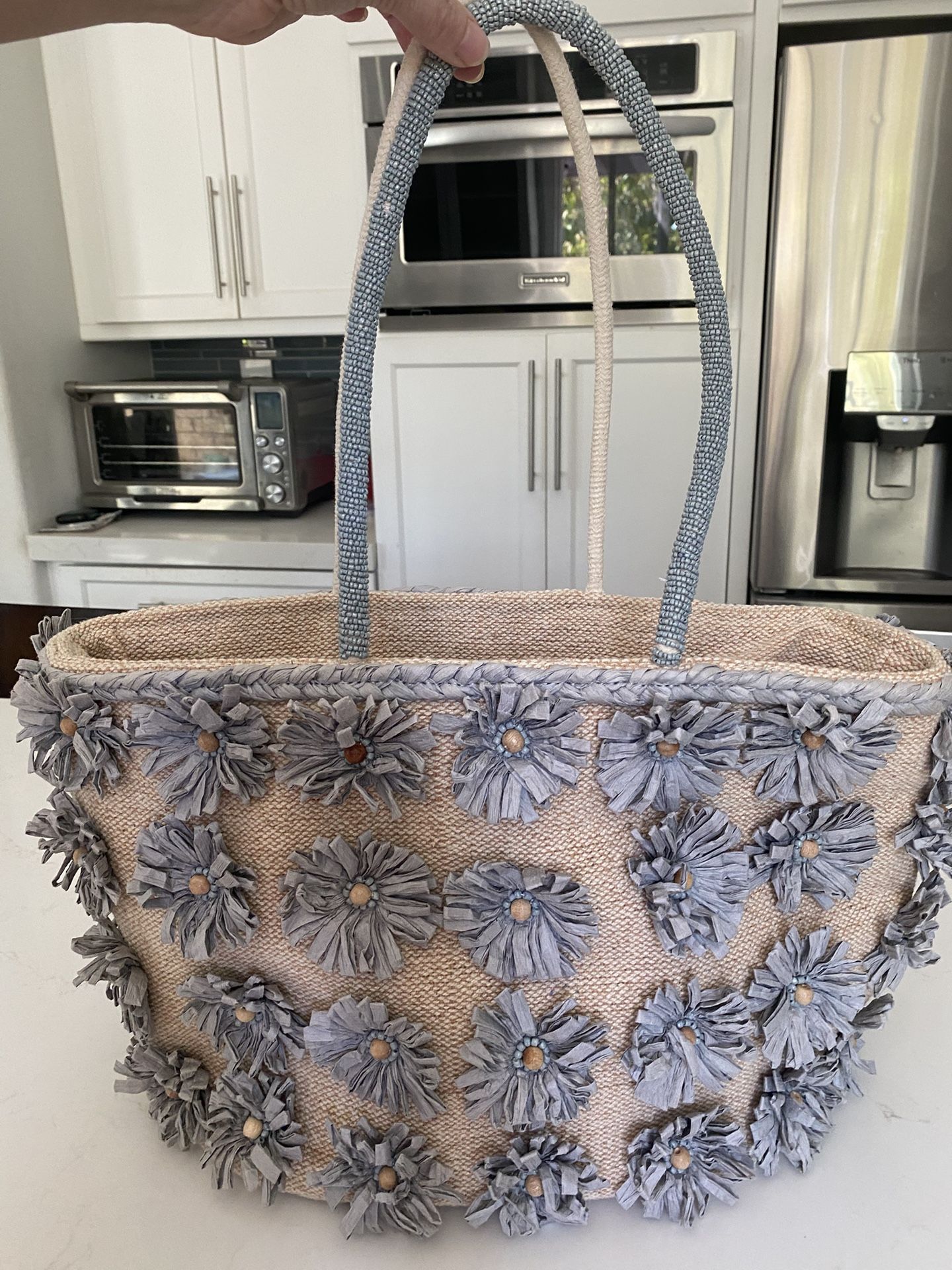 Raffia Flower Tote Handbag Or Beach Bag