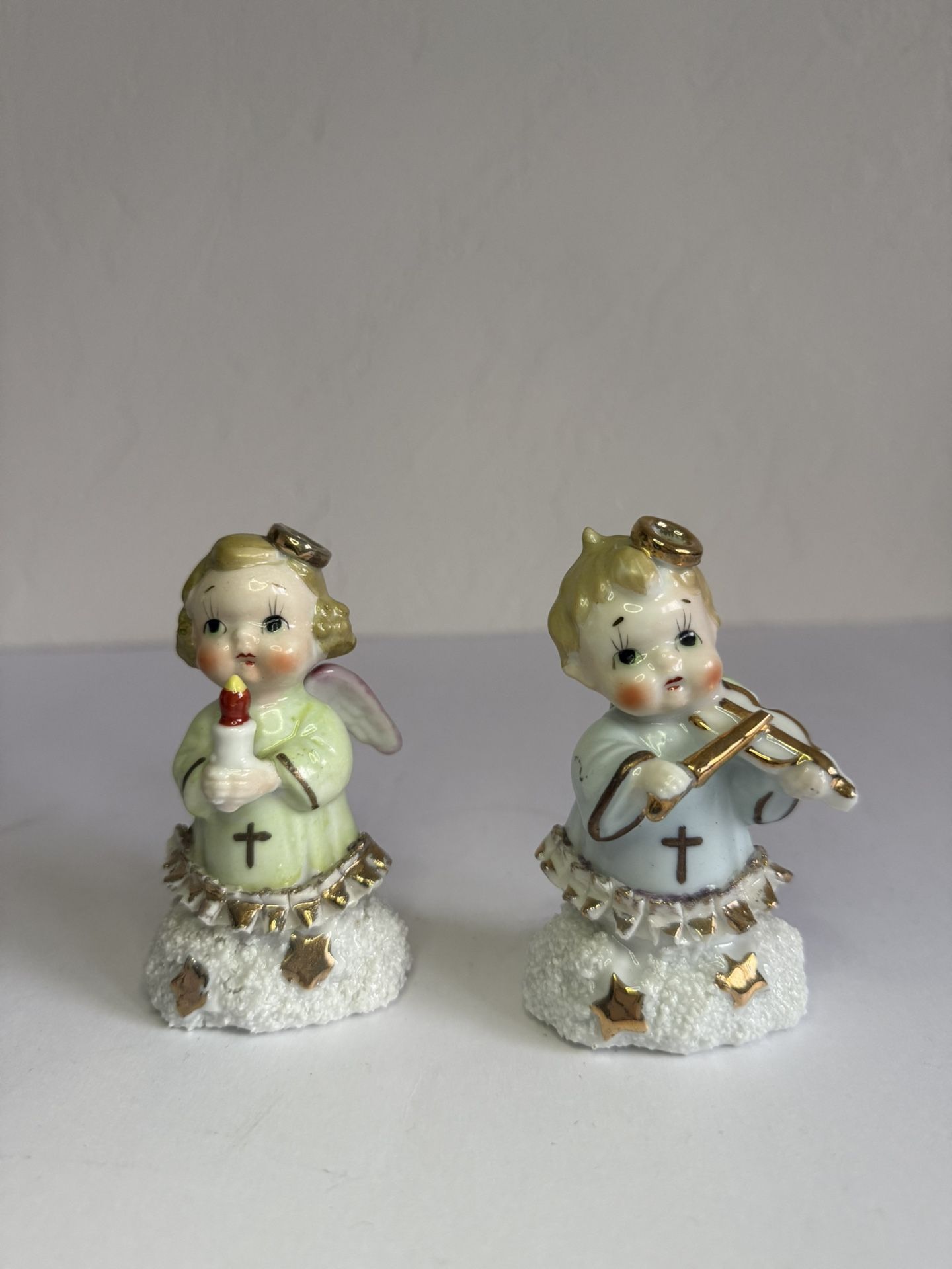 Vintage Porcelain Christmas Angels - Set of 2 Holiday Figurines with Gold Accents