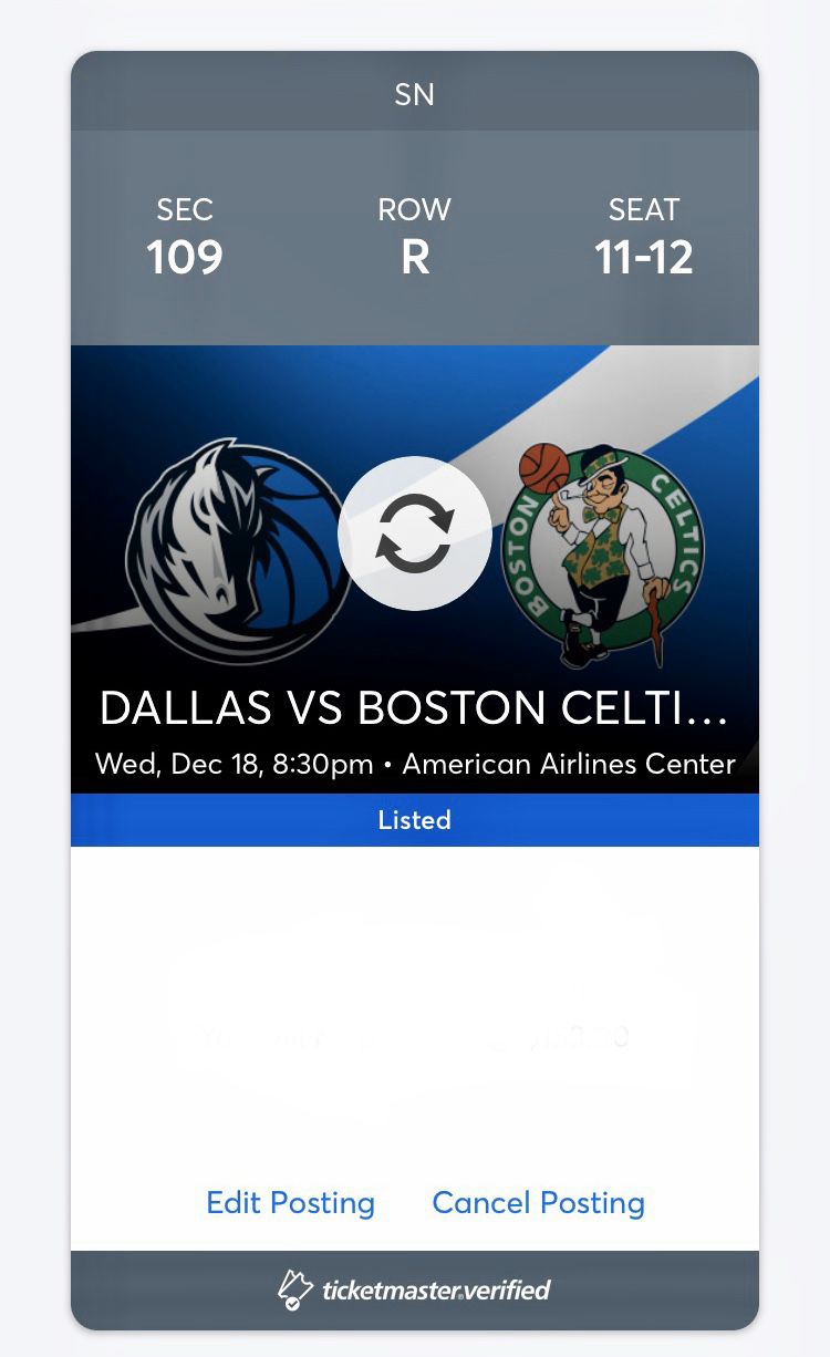 2x Mavs Vs Celtics Tickets Dec 18th