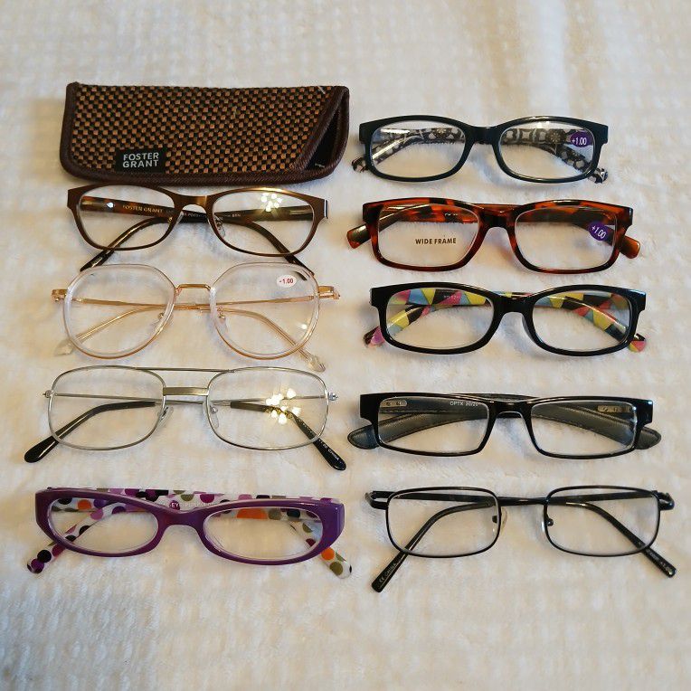 Lot Of 9 Women's +1.00 Fashion Casual Reading Glasses Various Colors