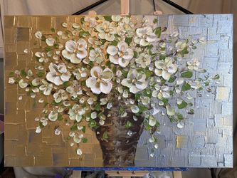 ORIGINAL painting Gold Silver White Flowers Brown Vase palette Knife Impasto textured By  Susanna Shap