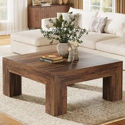 39.4-Inch Square Coffee Table for Living Room, Farmhouse All MDF Accent Center Cocktail Table with Sturdy Wooden Legs, Easy Assembly, Rustic Brown