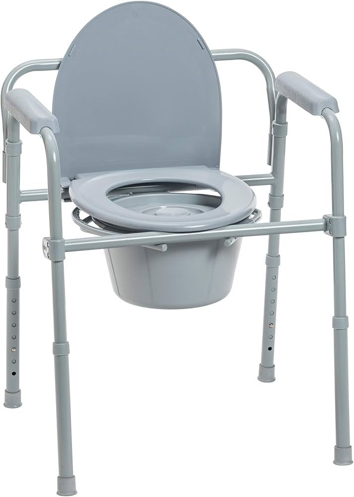 Folding Steel Bedside Chair, Portable Toilet, Supports Individuals Weighing Up To 350 Lbs, with 7.5 Qt. Bucket and 13.5 Inch Seat, Grey