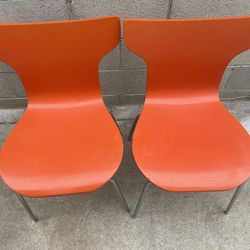 Two Bright Orange Wood And Metal Chairs Mid Century Modern 