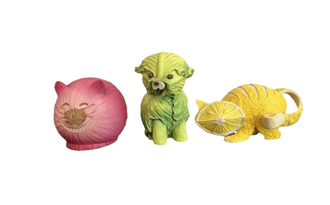 Enesco Home Grown Lemon Cat Figure Figurine Smiling Onion Cabbage Dog Set Lot