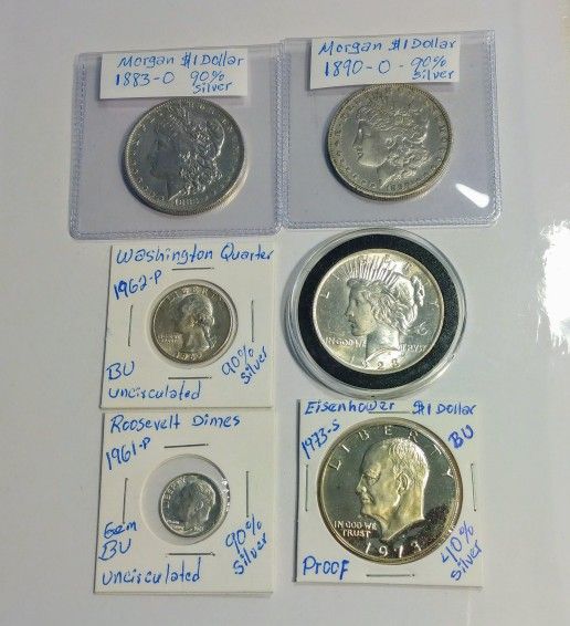 LOT OF (6) SILVER COINS, MORGAN, EISENHOWER, PEACE DOLLAR, QUARTER DOLLAR AND 10 CENTS, NICE TO COLLECT
