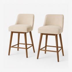 Set of 2 Cream Upholstered Counter Stools with Wood Legs