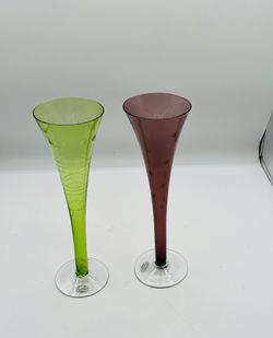 Vintage A Pair Amethyst And Green Art Glasses Champagne Flutes 