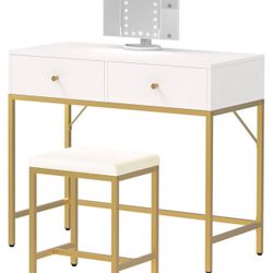 New Makeup Vanity with Lighted Mirror, White Desk with Drawers, 35.4 Inches 