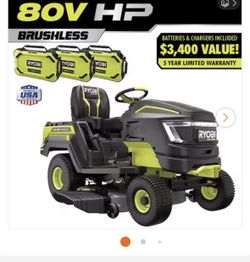 Ryobi 80V HP Brushless 42 in. Battery Electric Cordless Riding Lawn Tractor with (3) 80V 10Ah Batter