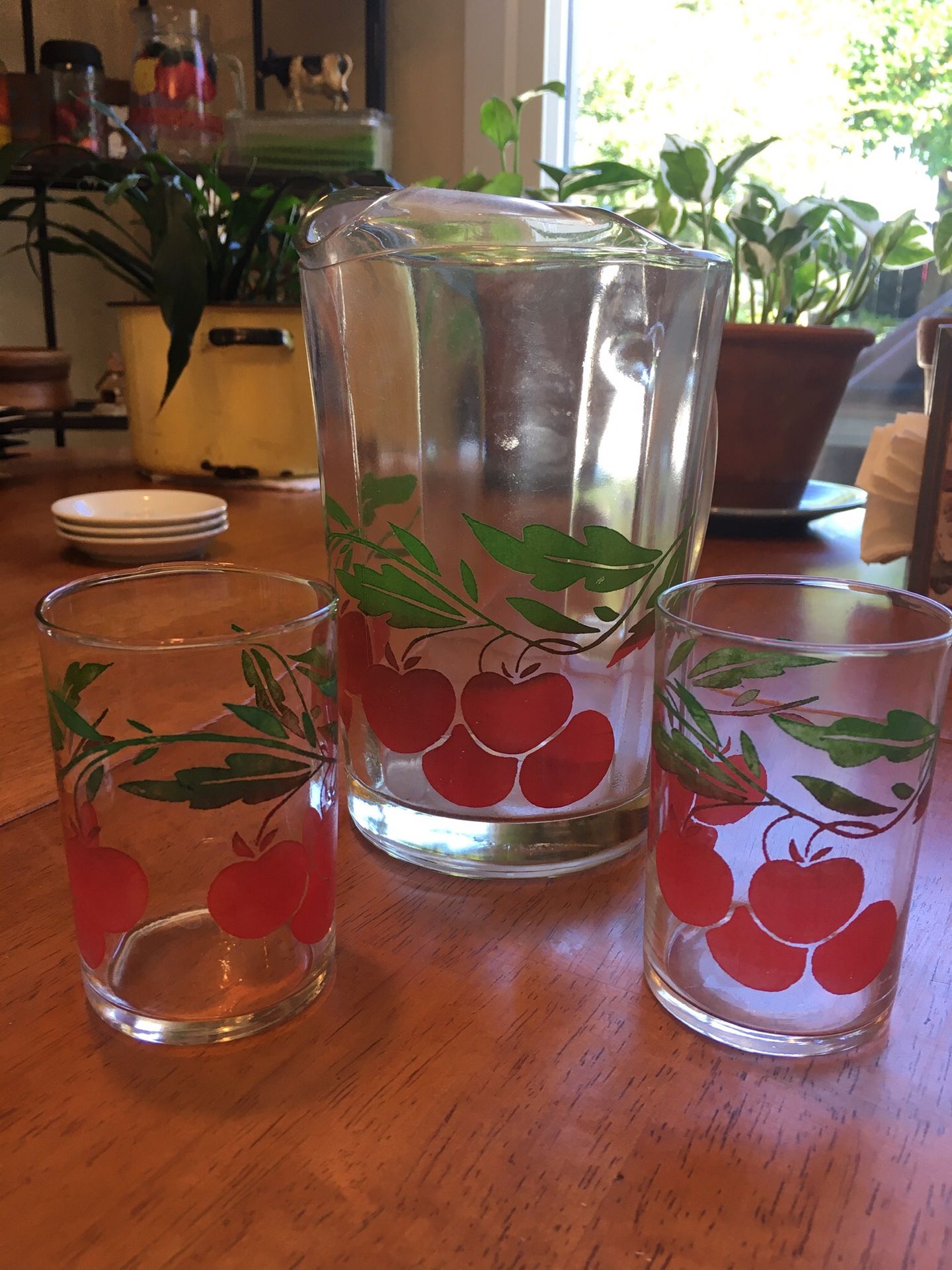 Antique Glass CherryJuice pitcher and 2 cups