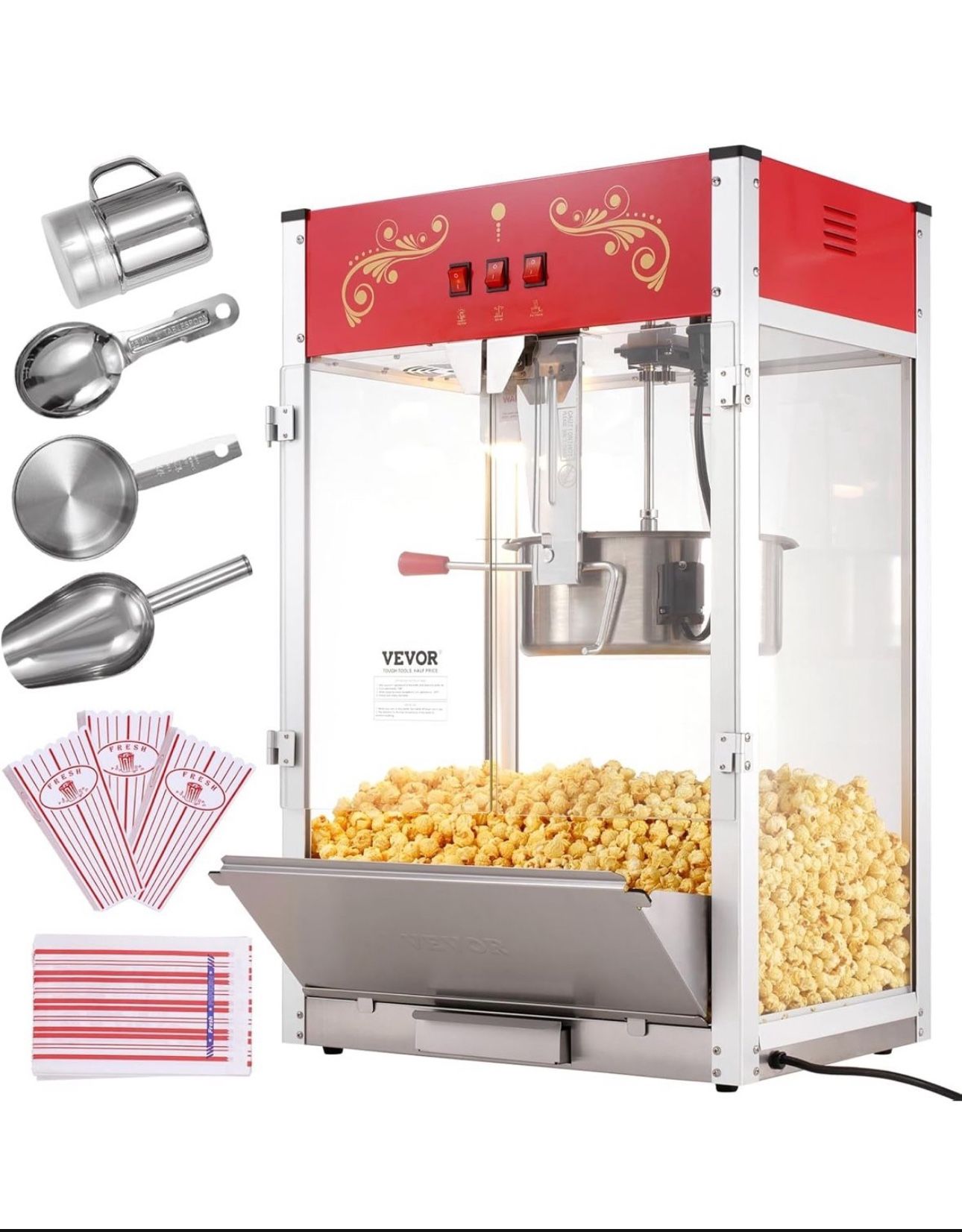 VEVOR Popcorn Maker, 1615W Popcorn Popper Machine, 16 Oz Kettle Large Capacity Countertop Popcorn Maker with Tempered Glass, Includes 3 Stainless Stee