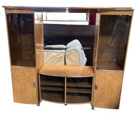 Modern Curved Wood Entertainment Center Wall Unit With Glass Cabinets