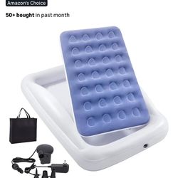 Inflatable Kids Travel Bed Toddler Air Mattress Set,Portable Blow Up Mattress Sleeping Bed Cot with Bed Rails and Electric Pump Ideal for Road Trip