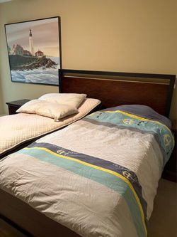 Dark Wood Bed Frame with Headboard and Matching Night Stands