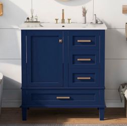 Bathroom Vanity, Modern Bathroom Cabinet with Sink Combo Set, Bathroom Storage Cabinet with a Soft Closing Door and 3 Drawers, Solid Wood Frame(Blue)