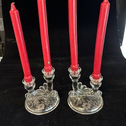 Two (2) Jeanette Glass Double Candlestick w/ Floral Etch