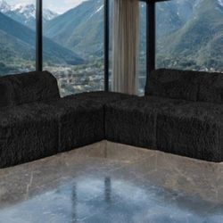 Brand New Black Faux Fur Modular Sectional Sofa Compressed Foam Design