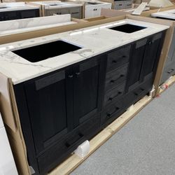 Bathroom vanity cabinet 72” solid mango Quartz top with sinks and backsplash 