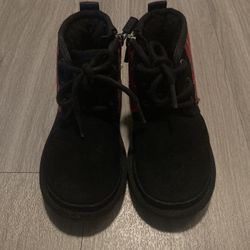 UGG Neumel II Tartan Plaid Black Red Fur Boots Kids S