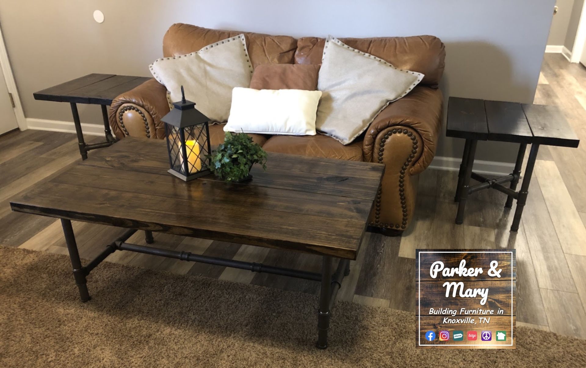 Industrial Coffee Table + 2 Side Tables | Jacobean 2750 Stain