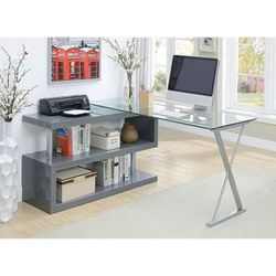 Grey High Gloss Finish Unique S-Shaped Side Panel Desk Bookcase Glass Top