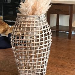 Whitewashed Woven Rattan Decorative Vase 