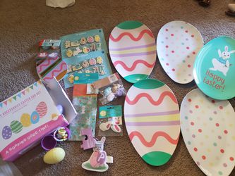 More than 50 pieces of Easter stuff. Box of 12 eggs filled. 4 plates. mini ornaments set .....