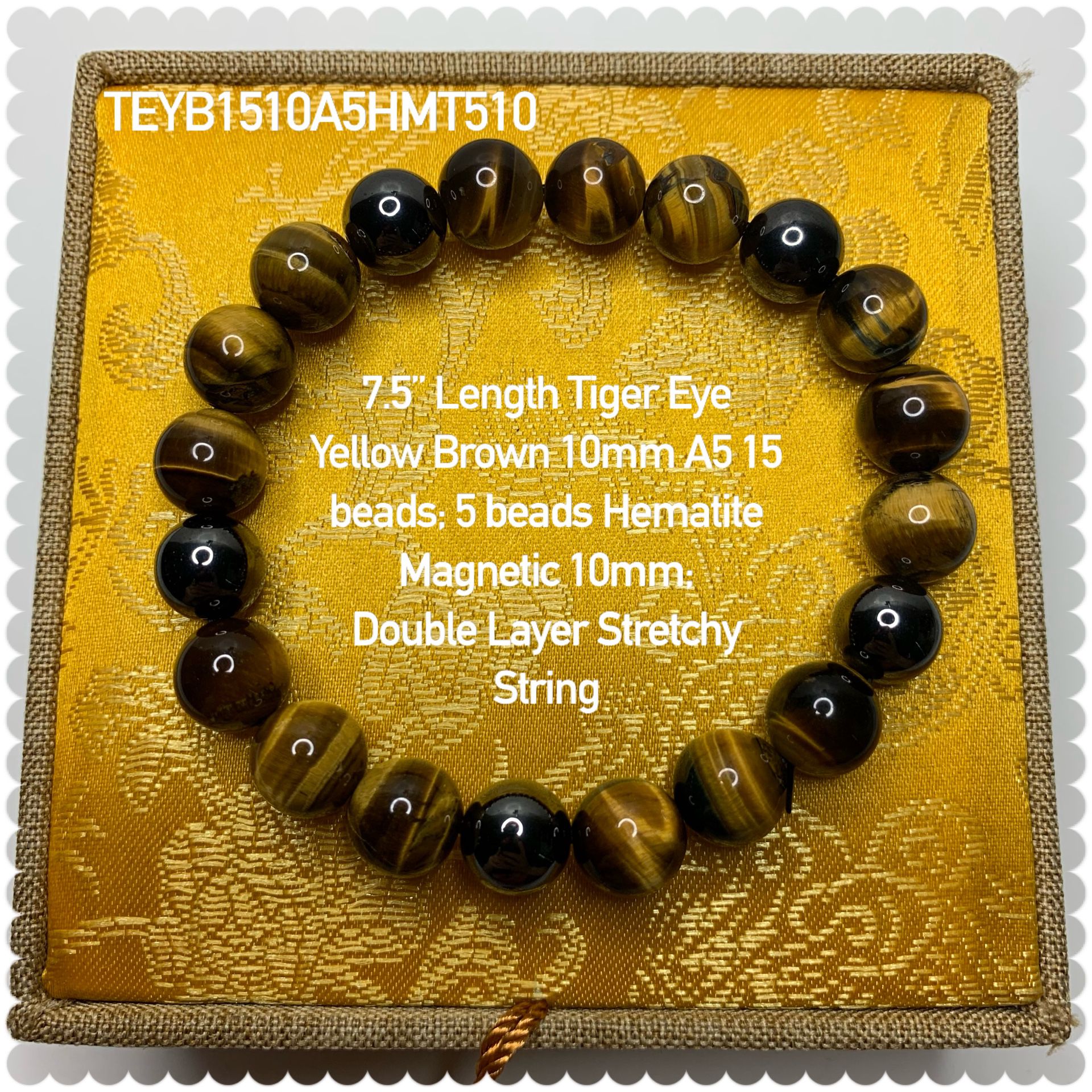 Natural Tiger Eye Yellow Brown A5 10mm Hematite Beaded Stretchy Bracelet