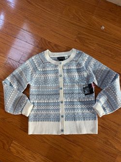 NWT Cynthia Rowley women Cream and Light Blue Fair Isle Cardigan Sweater size S